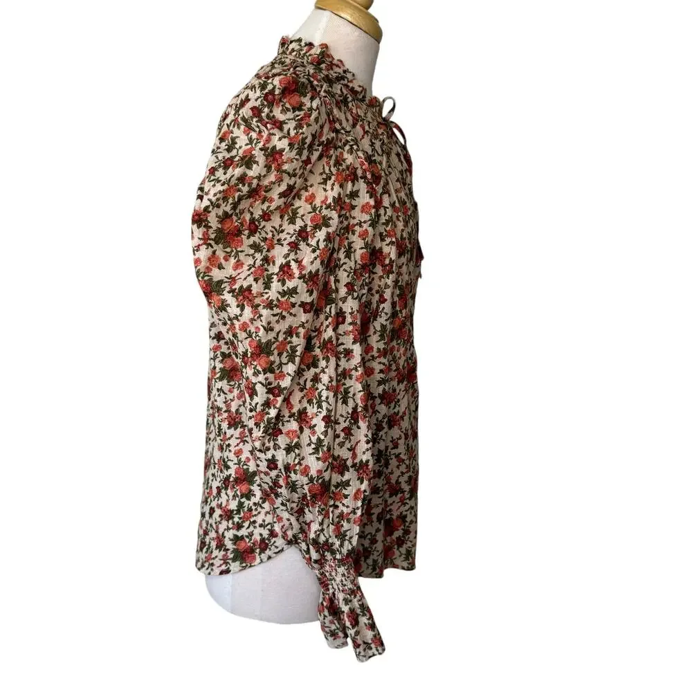 FREE PEOPLE Meant to Be Blouse Vintage Combo Boho Floral  Puff Sleeve SMALL